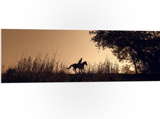 WallClassics - PVC Schuimplaat - Silhouette van een Paardrijder - 120x40 cm Foto op PVC Schuimplaat (Met Ophangsysteem)