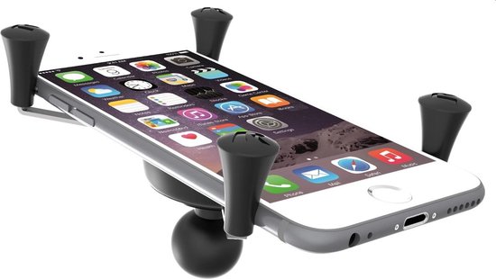 Witte iPhone in RAM Mounts X-Grip houder, liggend weergegeven. Thuisknop zichtbaar.