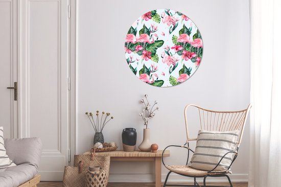 WallCircle - Stickers muraux - Cercle de papier peint - Flamingo - Fleurs - Feuilles - Motif - 100x100 cm - Cercle mural - Autocollant - Autocollant de papier peint rond XXL
