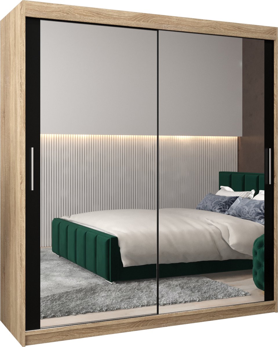 InspireME Kledingkast met 2 schuifdeuren, Modern-stijl, Kledingkast met planken (BxHxD): 180x200x62 - TORM III 180 Sonoma Eik + Zwart Mat met 4 lades