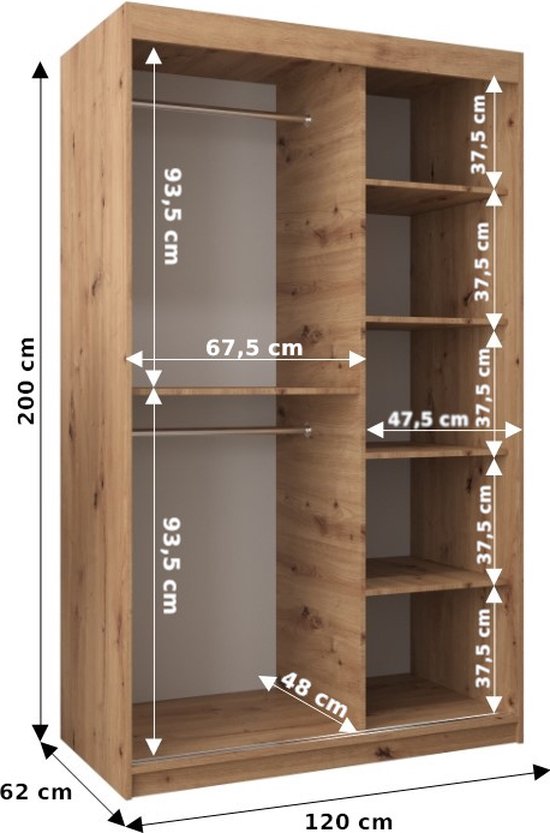 InspireMe - Armoire avec 2 portes coulissantes, Style moderne, Armoire avec étagères (LxHxP): 120x200x62 - TORM 120 Zwart Mat