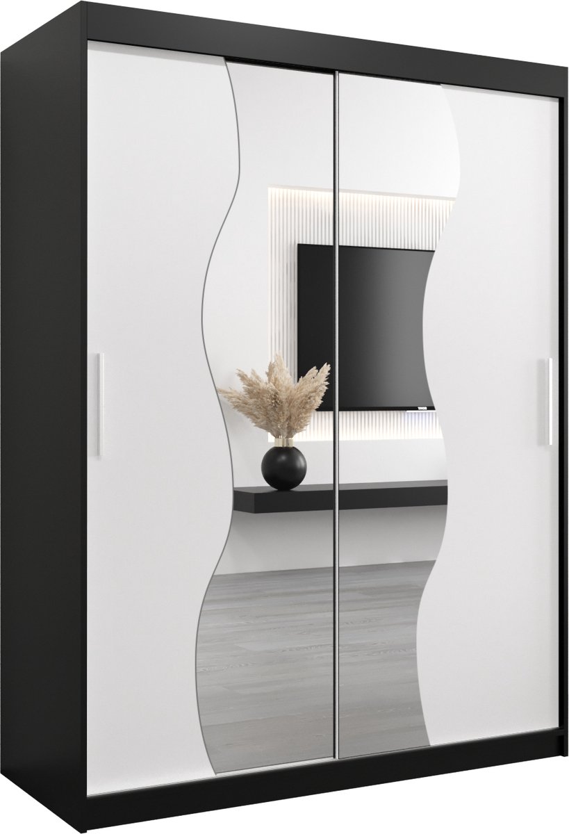 InspireMe - Kledingkast met 2 schuifdeuren, Modern-stijl, Kledingkast met planken (BxHxD): 150x200x62 - MARDUK 150 Zwart Mat + Wit Mat