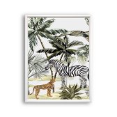 Postercity - Poster Cheeta en Zebra in jungle rechts aquarel / waterkleur - Dieren Jungle Poster - Kinderkamer / Babykamer - 30x21cm / A4