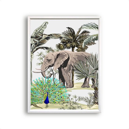 PosterDump - Poster Olifant en Pauw in jungle midden aquarel / waterkleur - Dieren Paarden Poster - Kinderkamer / Babykamer - 80x60cm