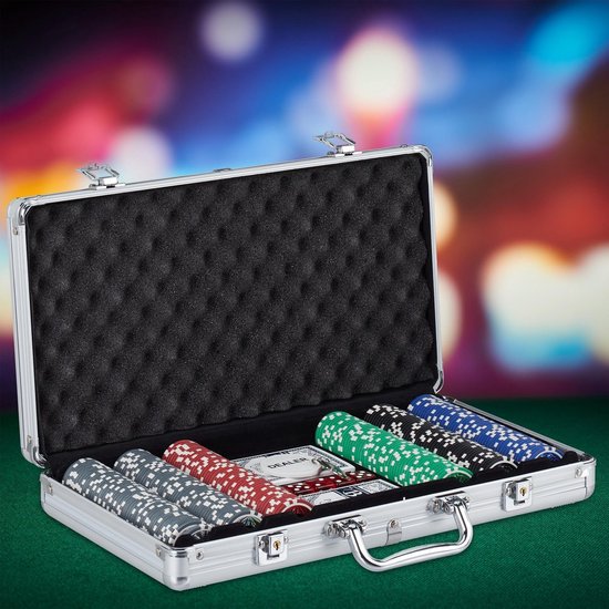 Thumbnail van een extra afbeelding van het spel Pokerset - 300 Chips - Aluminium Koffer - Pokeren tot 5 Personen - Veiligheidsslot - Speelkaarten, Dobbelstenen, Dealer, Big Blind en Small Blind Button