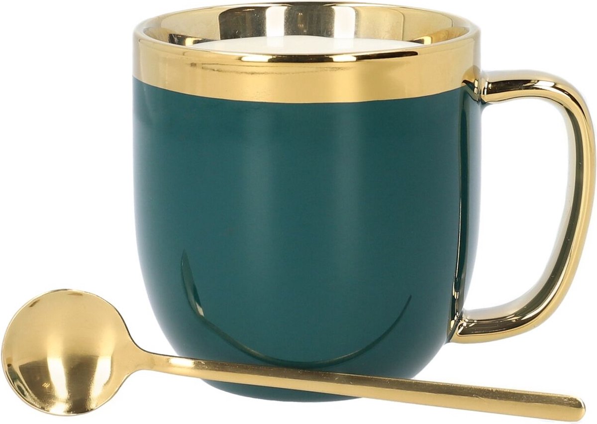 HOMLA Zintuiglijke Beker + Lepel met Gouden Decoratie - Mok Theekop Koffiemok 0,28 l Porselein Verguld Handbeschilderd Emerald & Gold
