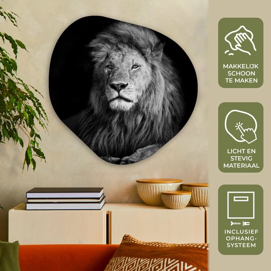Décoration murale Organique - Décoration Décoration murale Plastique - Peinture Organique - Animaux Sauvages - Lion - Noir - Wit- 90x90 cm - Forme Miroir Organique sur Plastique