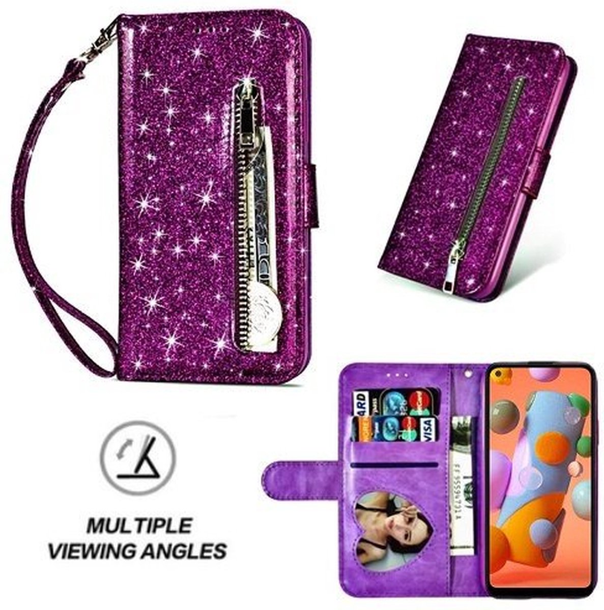Samsung A11 Glitter Hoesje Met Pasjeshouder Bookcase Paars