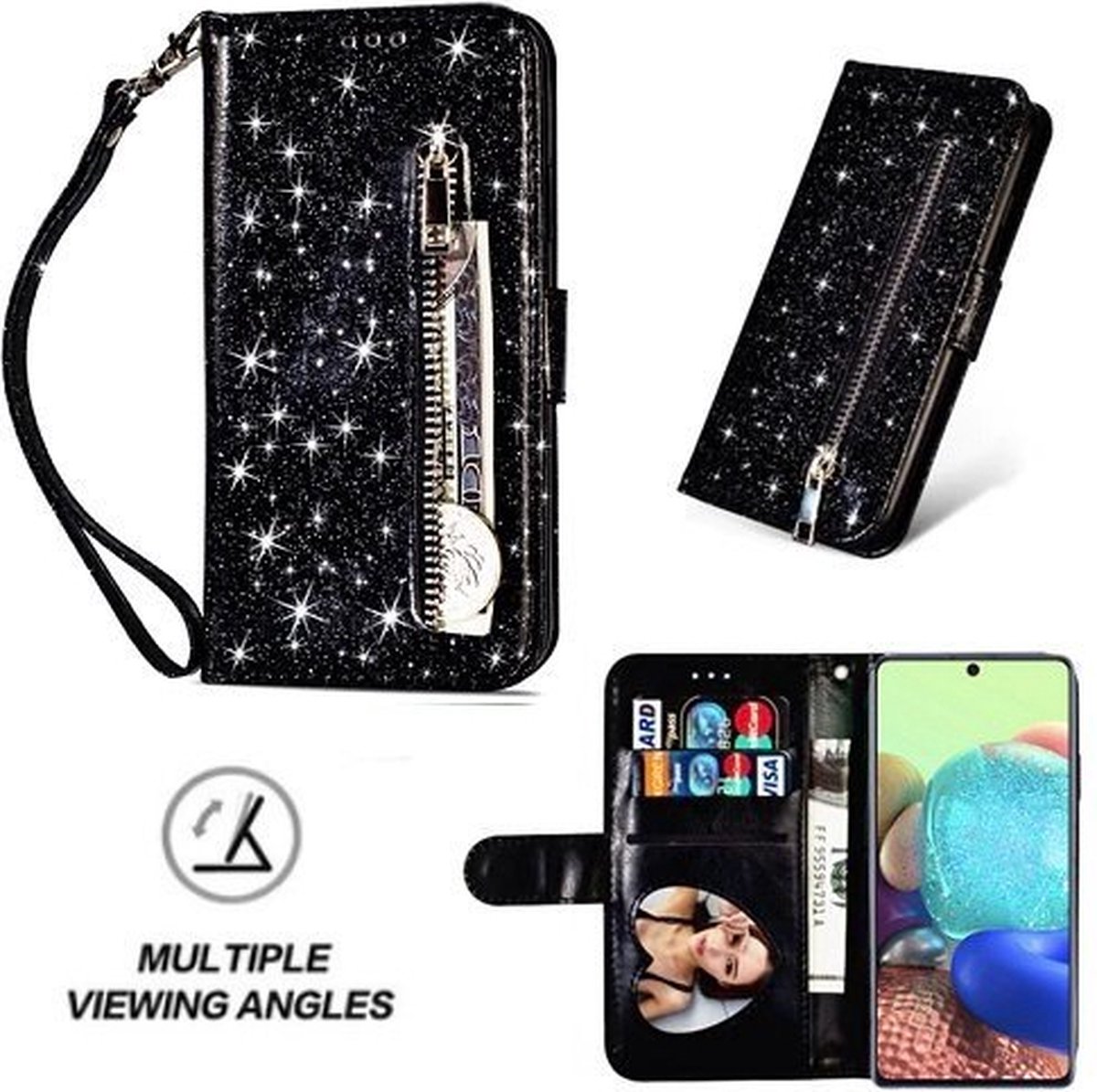 Samsung A71 Glitter Hoesje Met Pasjeshouder Bookcase Zwart
