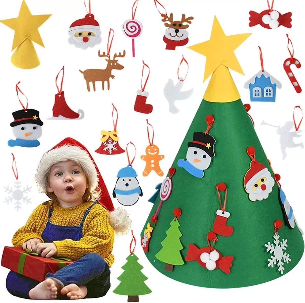 Baby`s Eerste Kerstboom - Vilten Kerstboom - Baby`s First Christmastree - Kinder Kerstboom Vilt - Incl Accessoires - Complete Kerstboom voor Kinderen - Kerstdecoratie - Merry Christmas -