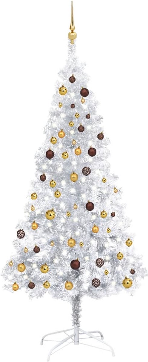 Prolenta Premium - Kunstkerstboom met LED's en kerstballen 210 cm PET zilverkleur