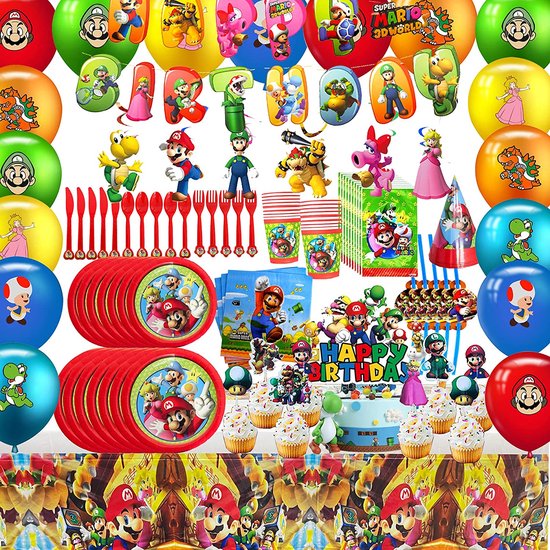Mario - Verjaardag - Versiering - Set - Feest - pakket - bros - ballonnen - Kinder feest - XXL - Mario - Feestpakket - Super - Decoratie -Taart - Topper - Slingers - Borden -Bekers -Balloon - Ballonnen - Prinses - Blokjes - Poppetjes - Rietjes