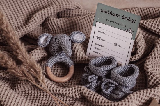Baby Rammelaar Olifant met Zachte Schoentjes Geschenkset met Geboortekaart Baby - Kraamcadeau Unisex Jongen Meisje - Baby Cadeau - Geboorte Cadeau - Babyshower - Baby Geschenkset - Kraamcadeau - Kraampakket — afbeelding 2