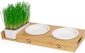 2 x kattenbak voor voerstation van bamboe, voerbak van porselein vergroot