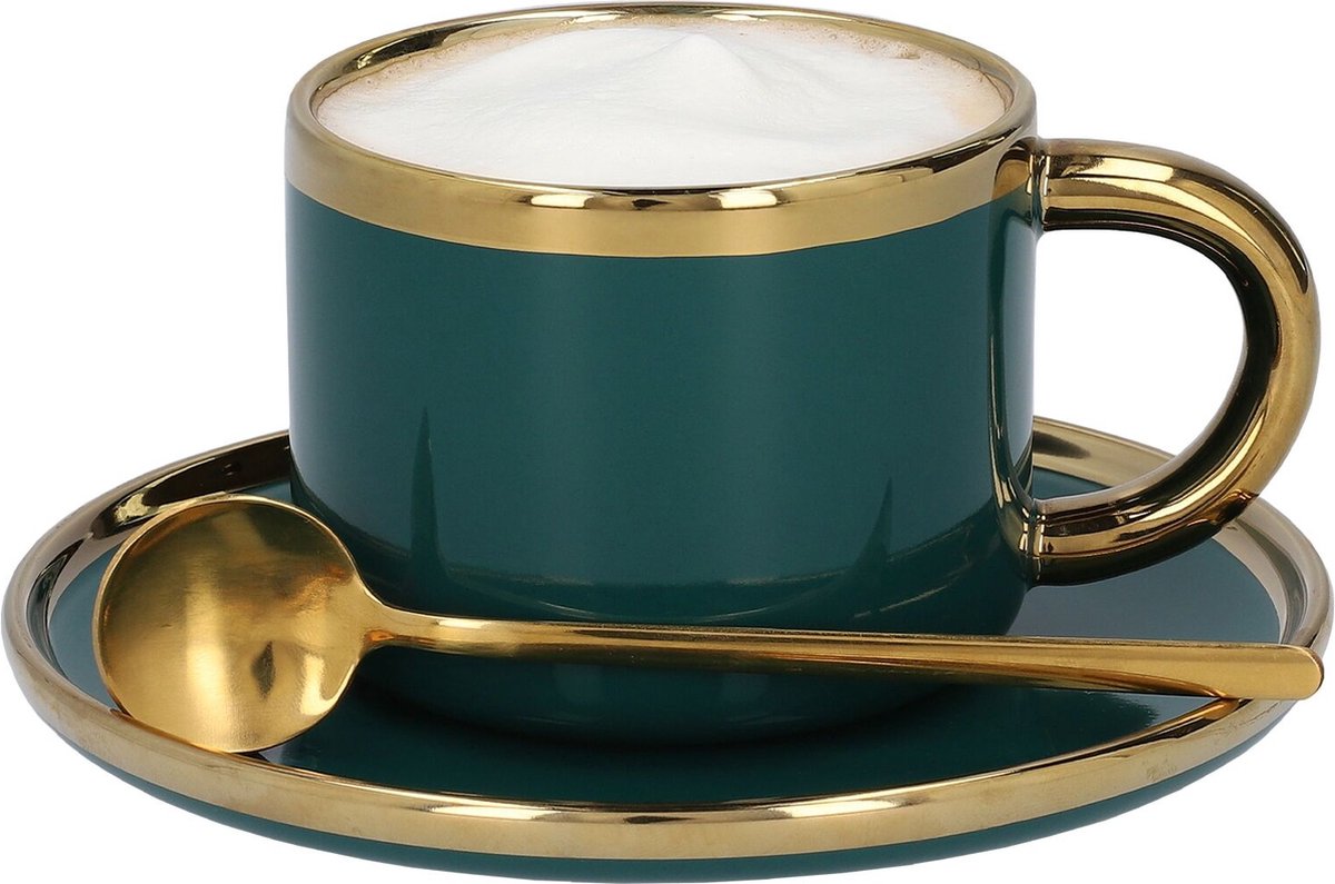 HOMLA Zintuiglijke Koffiekop Porselein met Schotel & Lepel - Theemok Kop Koffieservies - Vintage RVS 200ml Smaragd & Goud