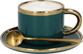 HOMLA Zintuiglijke Koffiekop Porselein met Schotel & Lepel - Theemok Kop Koffieservies - Vintage RVS 200ml Smaragd & Goud