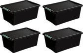 5Five Opslagbox met deksel kunststof 60 liter 58 x 39 x 35 cm zwart 4x stuks