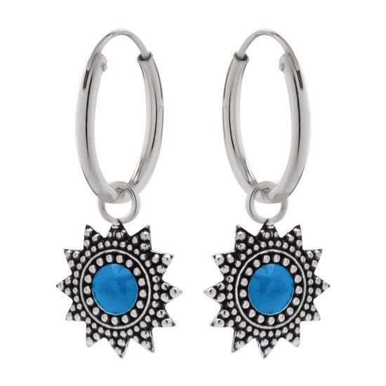 Zilveren oorbellen | Oorringen met hanger | Zilveren oorringen met hanger, zonnetje met blauwe steen