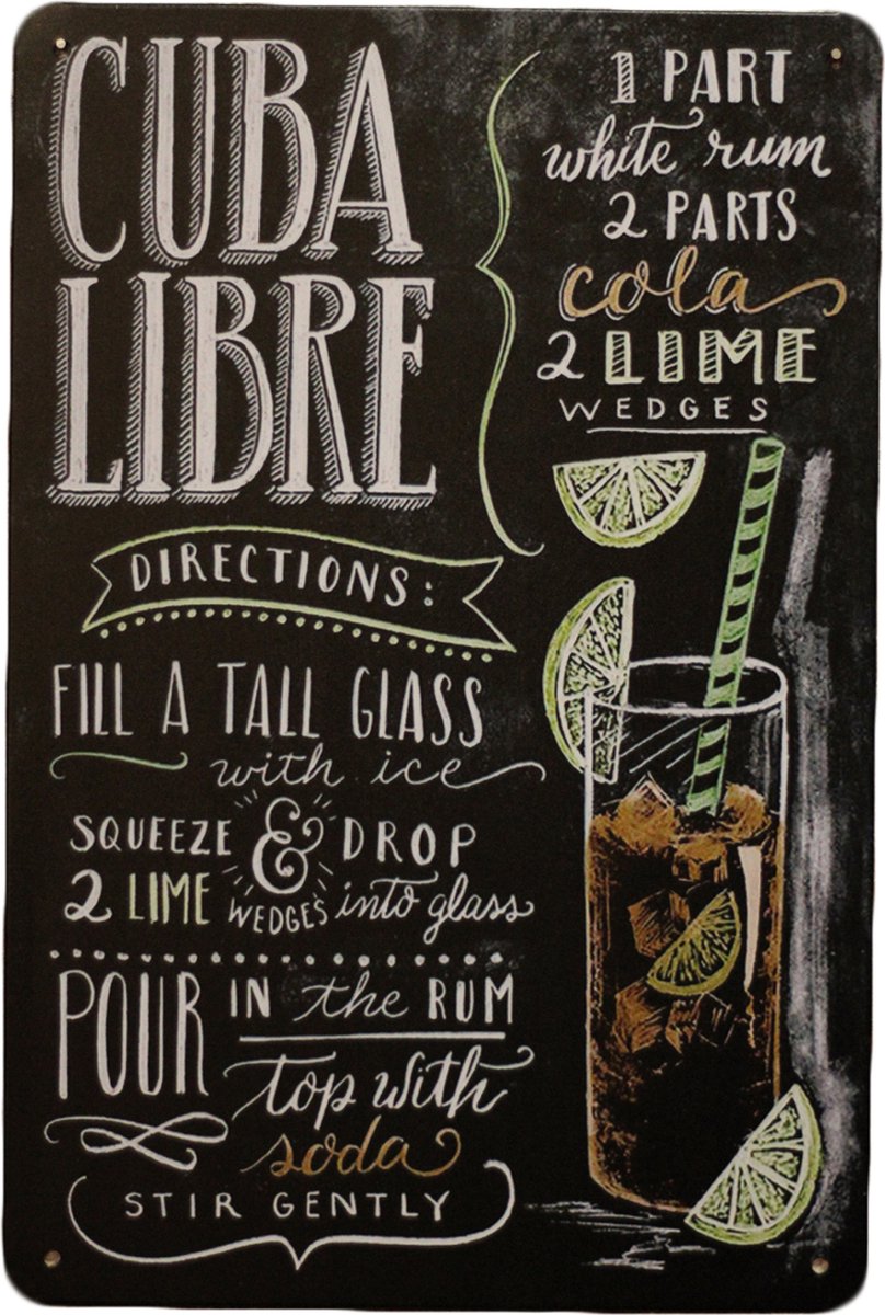 Wandbord - Cuba libre - Metalen wandbord - Mancave - Mancave decoratie - Metalen borden - Bar decoratie - Retro - metal sign - Cocktails - UV bestendigt - 20 x 30cm - Wandbord - Decoratie - Metalen d