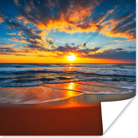 Poster Zee - Zonsondergang - Strand - Wolken - Oranje - 75x75 cm