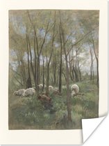 Schapenkudde in een bos - Schilderij van Anton Mauve Poster 120x160 cm - Foto print op Poster (wanddecoratie woonkamer / slaapkamer) XXL / Groot formaat!