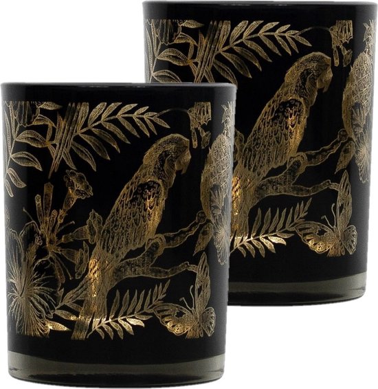 Set van 2x stuks theelichthouder/waxinelichthouder glas zwart 12 cm papegaai print - Windlichtjes/kaarsenhouders