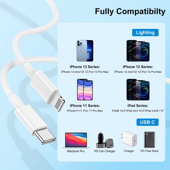 2 Meter Geschikt voor: Lightning kabel naar USB-C Male oplaadkabel Geschikt voor: Apple iPhone iPod Airpods & iPad - Wit - Ar202