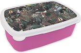 Broodtrommel Roze - Lunchbox - Brooddoos - Bloemen - Toekan - Bladeren - 18x12x6 cm - Kinderen - Meisje