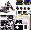 Keyestudio Robot Arm Kit voor Arduino DIY: robotarm, printplaten, joysticks, schroeven, batterijhouder en gereedschap.