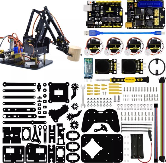 Keyestudio Robot Arm Kit voor Arduino DIY: robotarm, printplaten, joysticks, schroeven, batterijhouder en gereedschap.