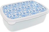 Broodtrommel Wit - Lunchbox - Brooddoos - Bloemen - Rozen - Blauw - Patronen - 18x12x6 cm - Volwassenen