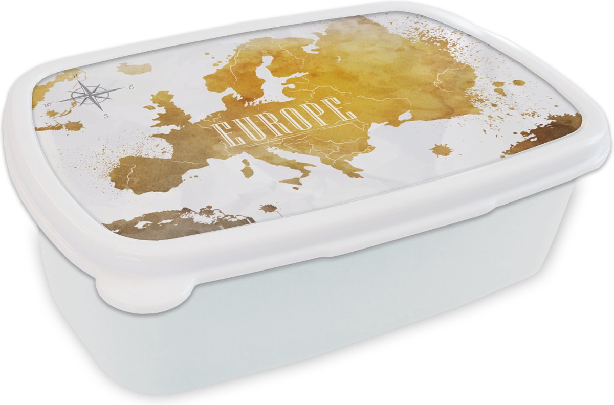 Broodtrommel Wit - Lunchbox - Brooddoos - Wereldkaarten - Europa - Goud - 18x12x6 cm - Volwassenen