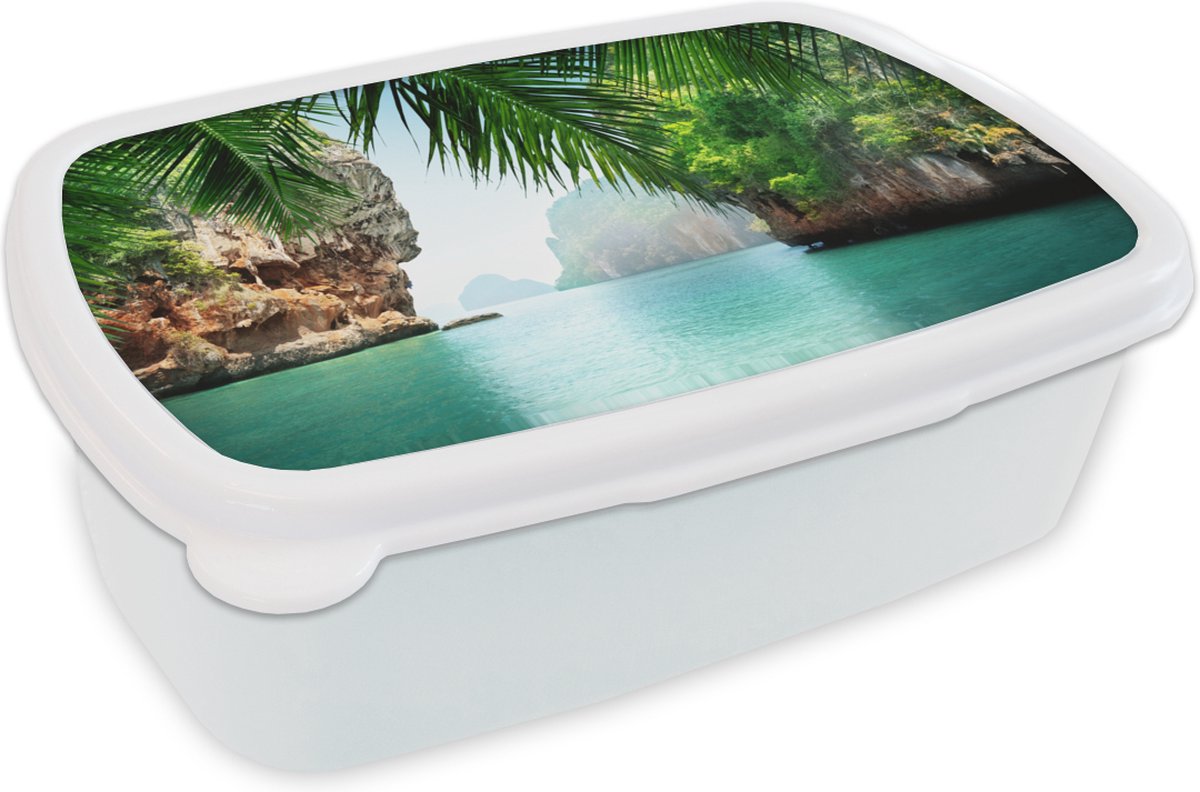 Broodtrommel Wit - Lunchbox - Brooddoos - Zee - Palmboom - Berg - Tropisch - 18x12x6 cm - Volwassenen