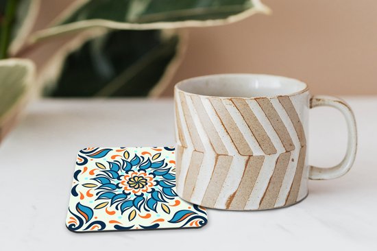 Onderzetters voor glazen - Zonnebloem - Bladeren - Blauw - Oranje - 10x10 cm - Glasonderzetters - 6 stuks