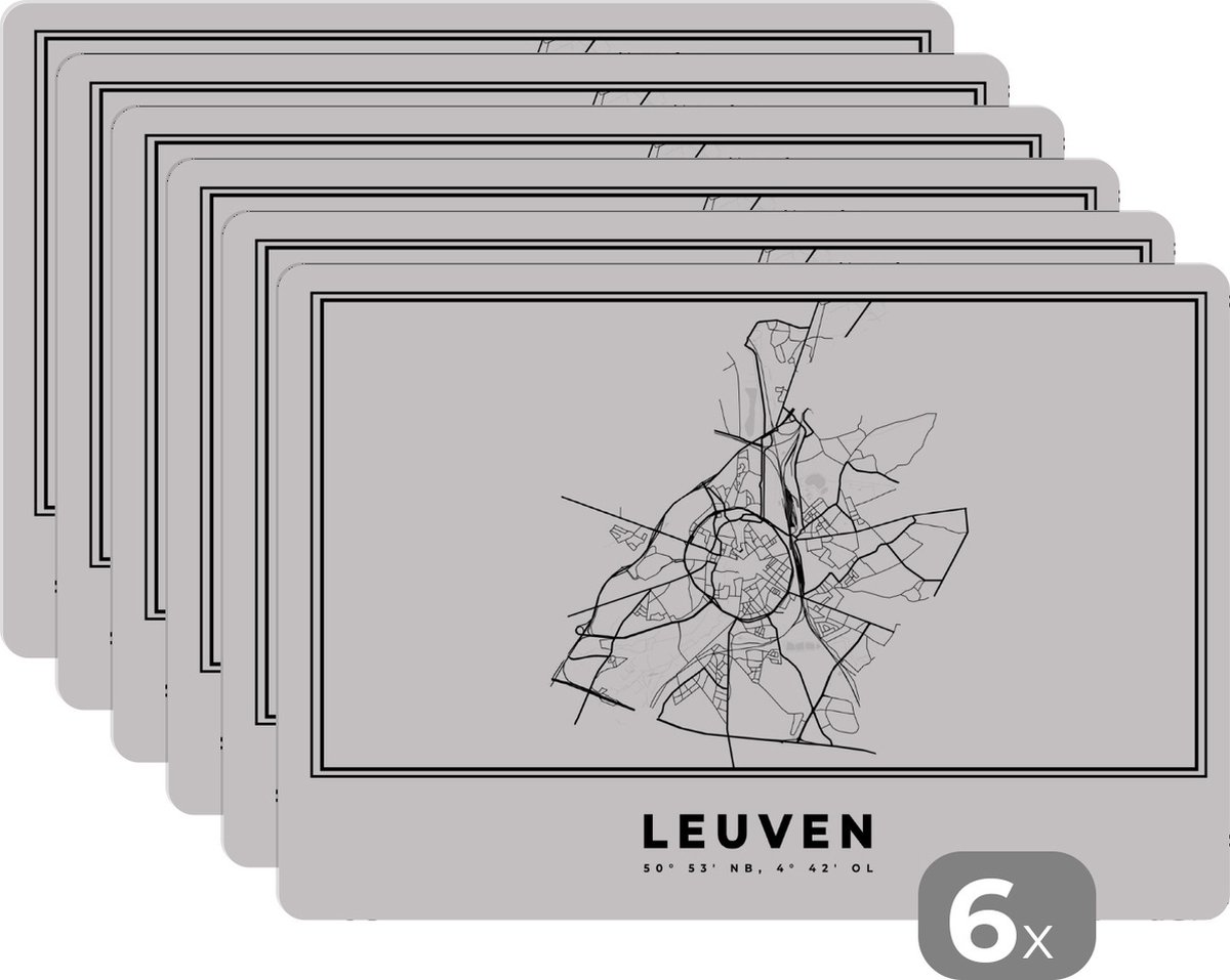 Placemat - Placemats kunststof - Stadskaart – Zwart Wit - Kaart – Leuven – België – Plattegrond - 45x30 cm - 6 stuks - Hittebestendig - Anti-Slip - Onderlegger - Afneembaar