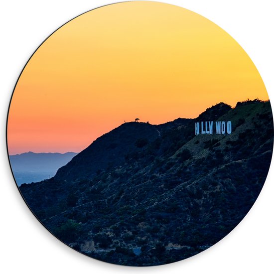 WallClassics - Dibond Muurcirkel - Hollywood Sign met Zonsondergang - 50x50 cm Foto op Aluminium Muurcirkel (met ophangsysteem)