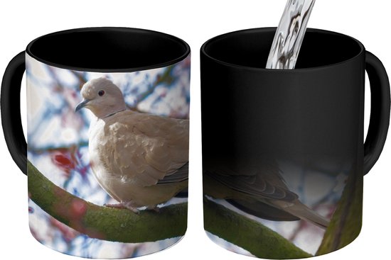 Magische Mok - Foto op Warmte Mokken - Koffiemok - Vogel - Bloemen - Duif - Bloesem takken - Roze - Magic Mok - Beker - 350 ML - Theemok