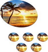 Onderzetters voor glazen - Rond - Strand - Horizon - Zonsondergang - Palmboom - Zee - 10x10 cm - Glasonderzetters - 6 stuks