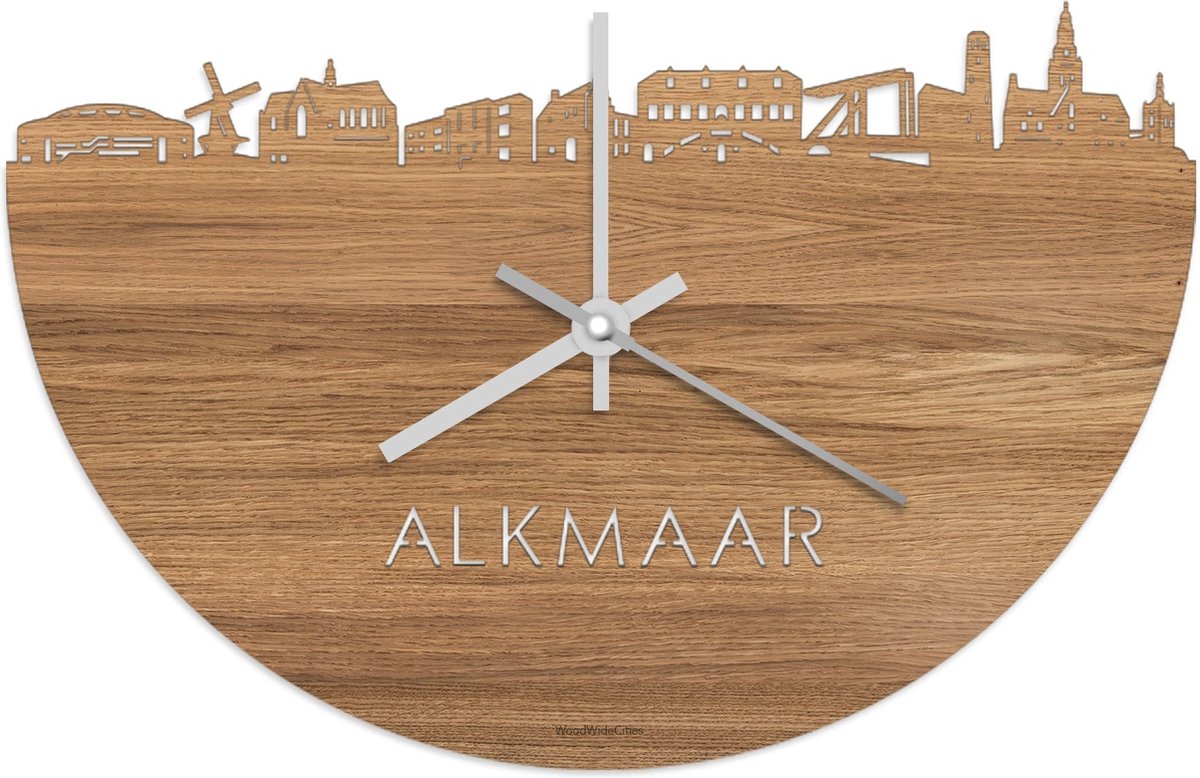 Skyline Klok Alkmaar Eikenhout - Ø 40 cm - Stil uurwerk - Wanddecoratie - Meer steden beschikbaar - Woonkamer idee - Woondecoratie - City Art - Steden kunst - Cadeau voor hem - Cadeau voor haar - Jubileum - Trouwerij - Housewarming - WoodWideCities