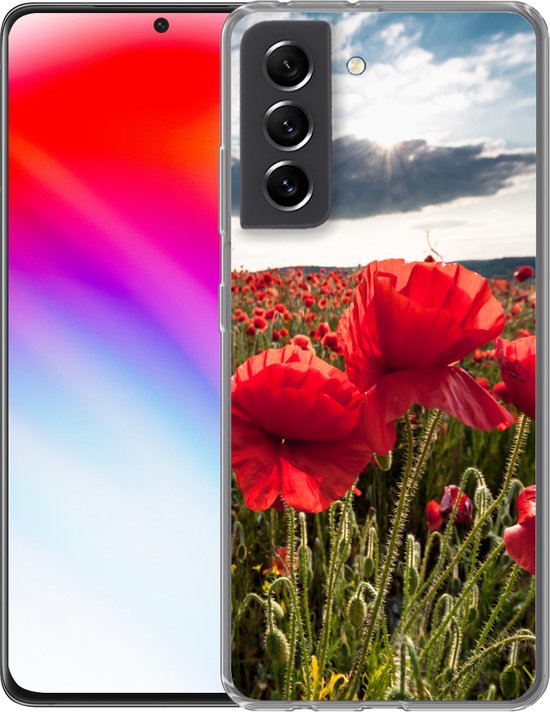 Telefoonhoesje Geschikt voor Samsung Galaxy S21 FE hoesje - Klaprozen tegen een dramatische stormachtige lucht - Siliconen Telefoonhoesje Telefoonhoesje