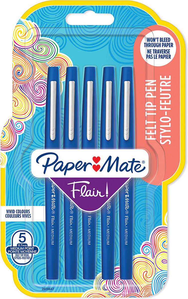 Paper Mate Flair-viltstiften | Medium punt (0,7 mm) | Blauw | 5 stuks