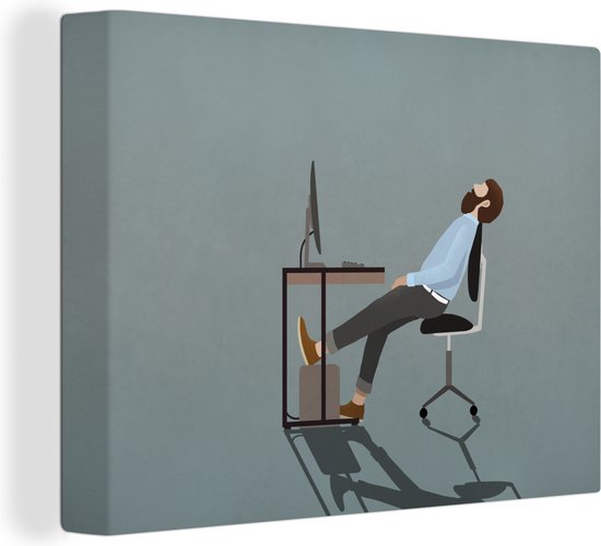 Canvas Schilderij Illustratie van een vermoeide man achter zijn bureau - 80x60 cm - Wanddecoratie