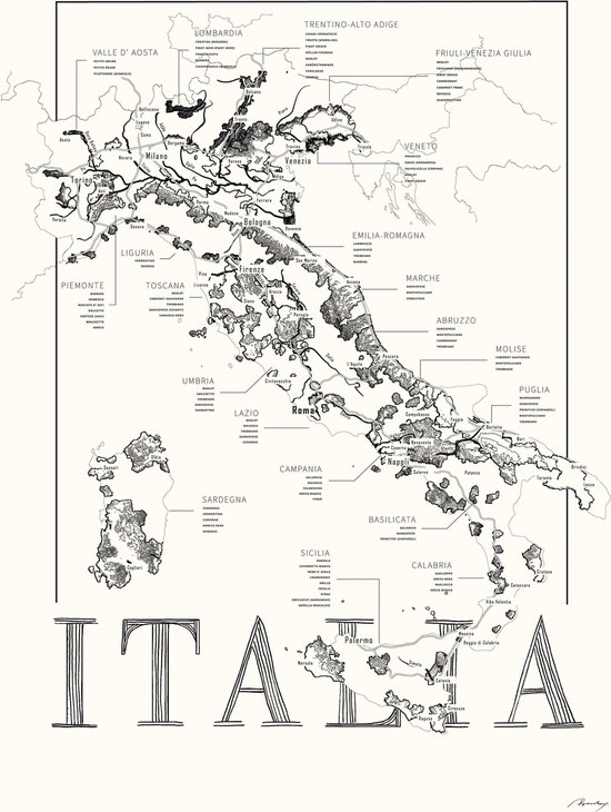 Poster zwart wit - Italië - wijnliefhebber - wijnkaart - 50 x 70 cm