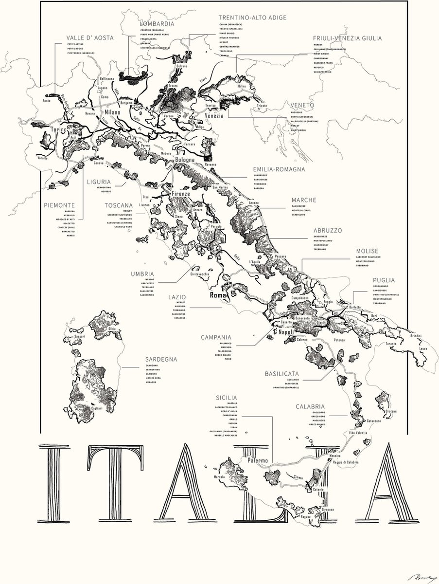 Brushery Poster zwart wit - Italië - wijnliefhebber - wijnkaart - 50 x 70 cm zwartwit