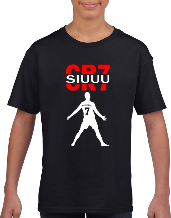 CR7 SIUUU Uniseks Kids T-Shirt - Zwart - Maat 140 - 9 | 10 jaar - Korte mouwen - Ronde hals - Moderne pasvorm - Cristiano Ronaldo - Voetbal - Juichen - Voor jongens & meisjes - Original Kwoots - Kado