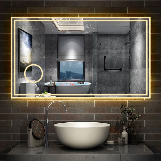 Miroir De Salle De Bain LED Lumineux BIRMA Avec Interrupteur, Horloge Et Spot Maquillage - Moderne, Argenté