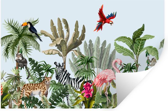Muurstickers - Sticker Folie - Jungle - Flamingo - Aap - Jongens - Meisjes - Kids - 30x20 cm - Plakfolie - Muurstickers Kinderkamer - Zelfklevend Behang - Zelfklevend behangpapier - Stickerfolie