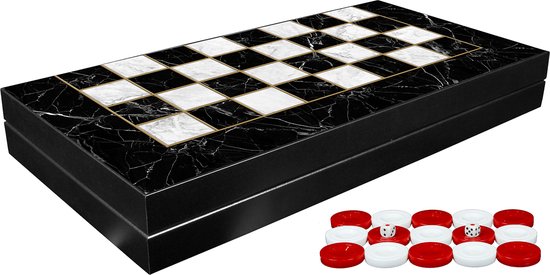 Thumbnail van een extra afbeelding van het spel Klassiek Backgammon Zwart marmer bordspel - Met schaakbord - Turks Tavla - Maat L 38cm