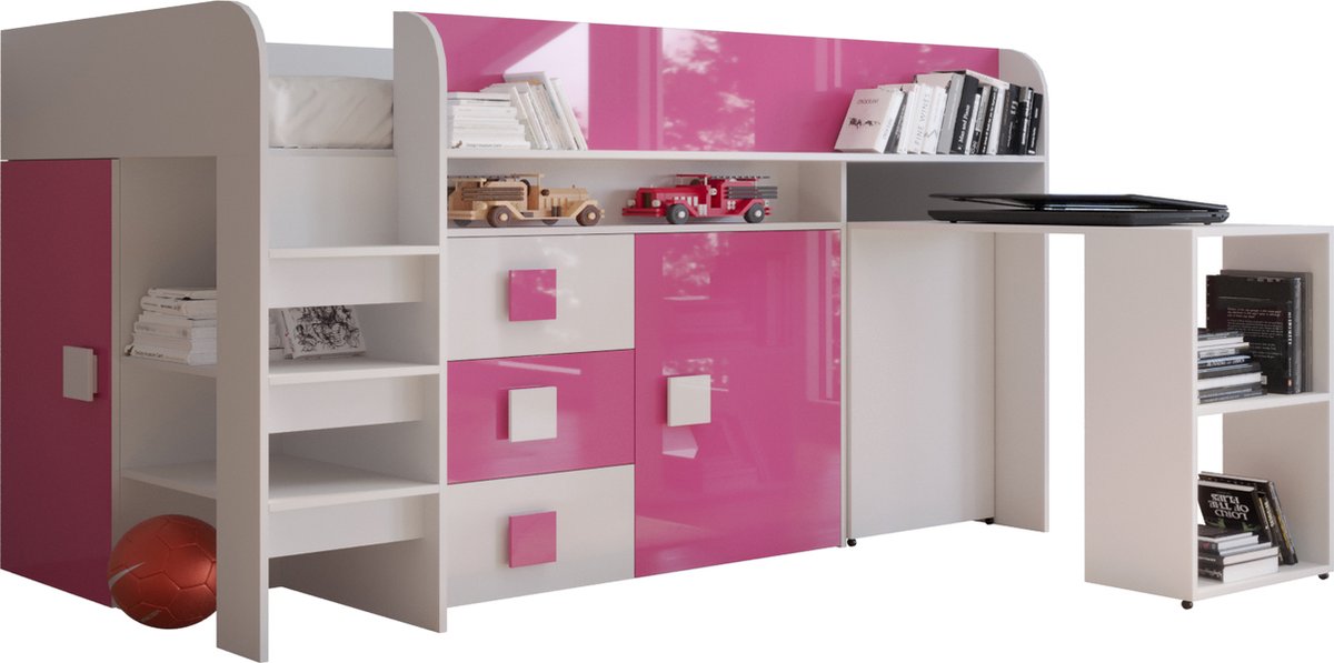 Stapelbed LEDO 1 - Antresola - 90X200 cm - naar de Kinderkamer - Wit + Roze (met Matras)