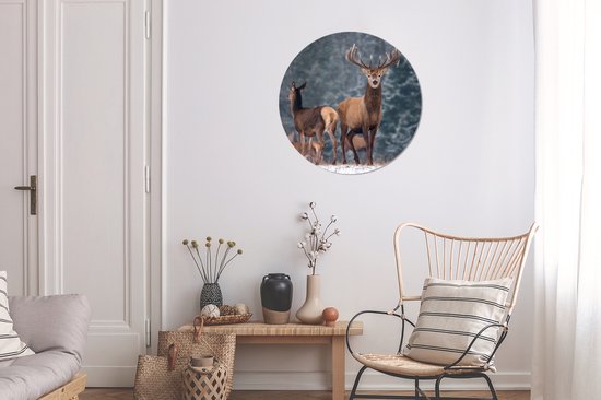 Behangcirkel - Behangsticker - Zelfklevend behang - Herten - Landschap - Dieren - Winter - Sneeuw - Wanddecoratie rond - 80x80 cm - Woonkamer